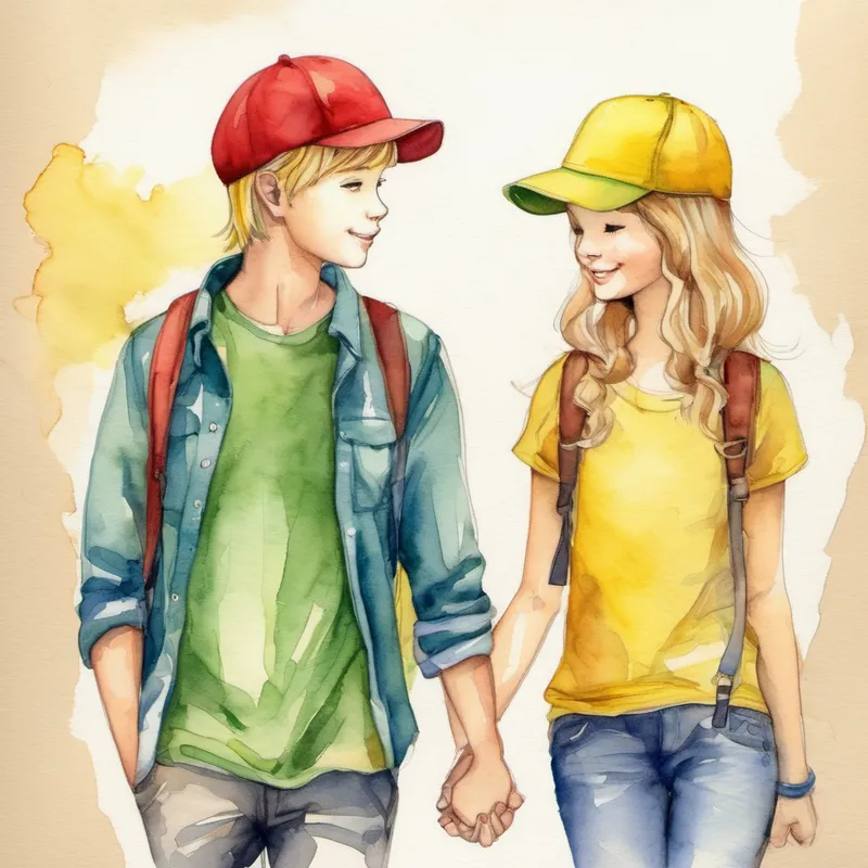 Blond hair, blue shirt, with a red cap and Brown hair, green shirt, with a yellow hat holding hands, making a plan