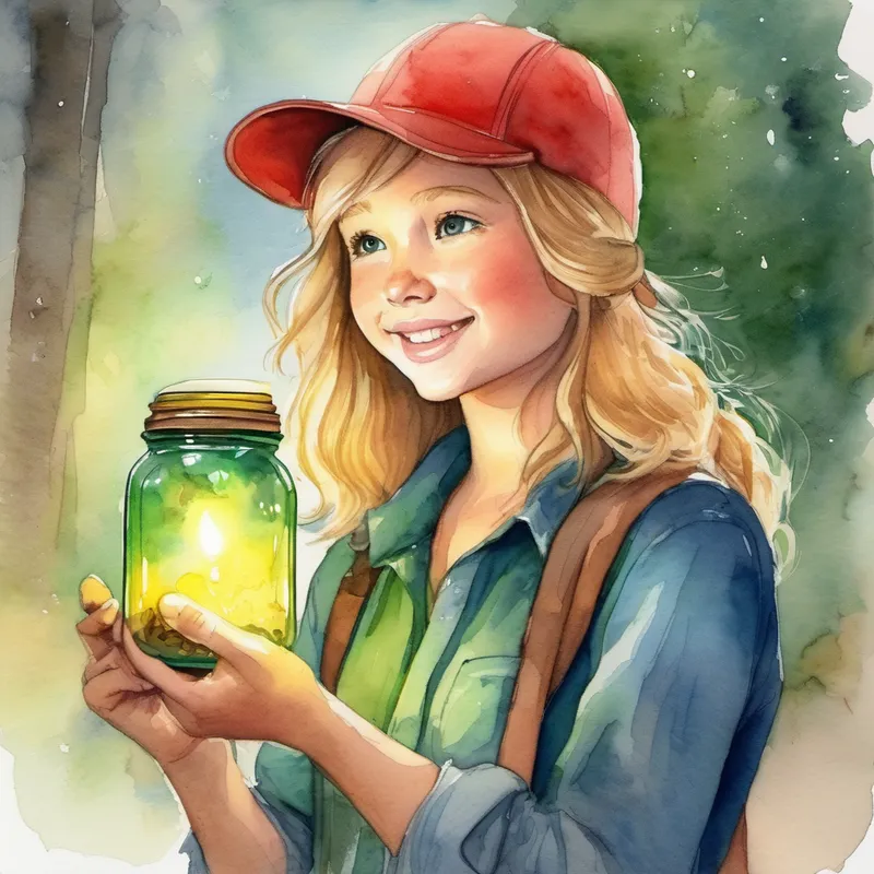 Blond hair, blue shirt, with a red cap and Brown hair, green shirt, with a yellow hat holding a jar with a firefly