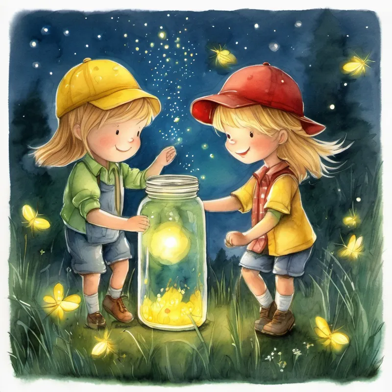 Blond hair, blue shirt, with a red cap and Brown hair, green shirt, with a yellow hat dancing with fireflies in a jar