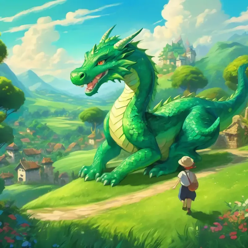 In the land of Mirth, an emerald meadow with Friendly green dragon with sparkling blue eyes and a radiant smile dancing and villagers hiding in the background.