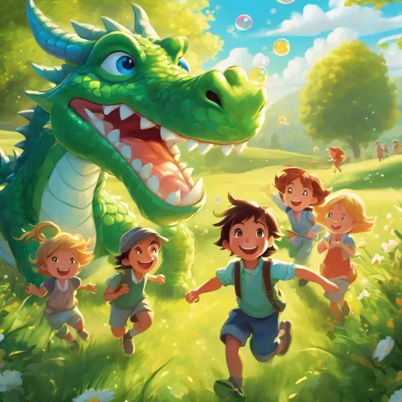 A sunny field with Friendly green dragon with sparkling blue eyes and a radiant smile blowing bubbles while children chase them, laughing and playing.