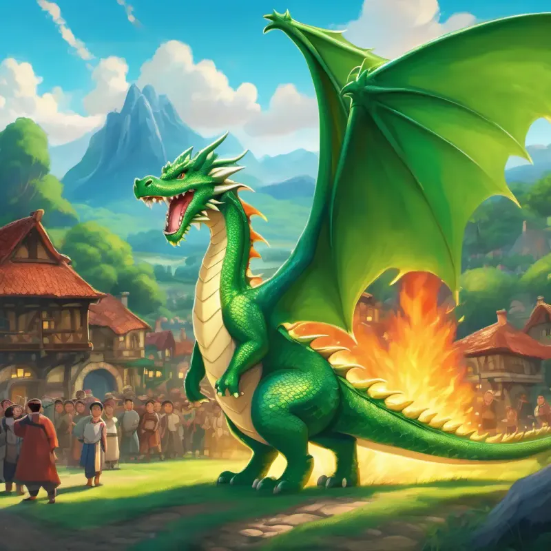 Friendly green dragon with sparkling blue eyes and a radiant smile standing tall, breathing fire, with the villagers in the background cheering and celebrating.