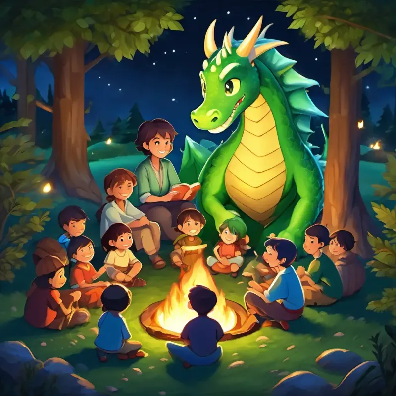 Friendly green dragon with sparkling blue eyes and a radiant smile sitting with the villagers around a campfire, sharing stories and songs under the starry night sky.