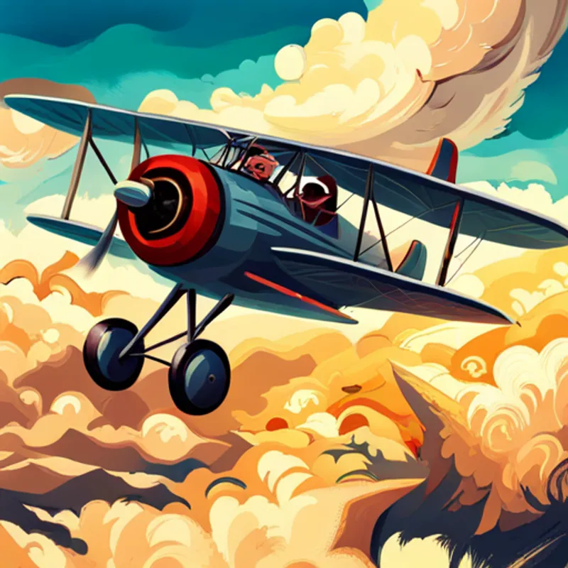 Pilot with leather jacket, goggles, adventurous spirit flying biplane through clouds