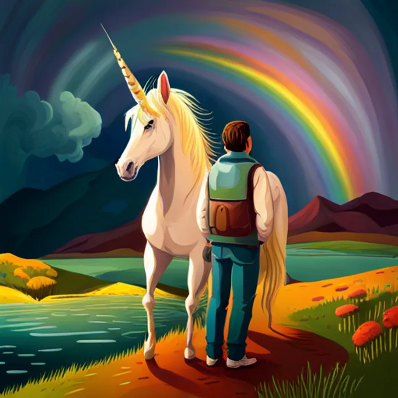 Pilot with leather jacket, goggles, adventurous spirit meeting Shining white unicorn with rainbow mane and tail the shining white unicorn