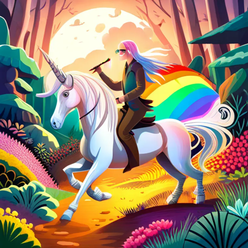 Pilot with leather jacket, goggles, adventurous spirit and Shining white unicorn with rainbow mane and tail exploring magical garden with fairies