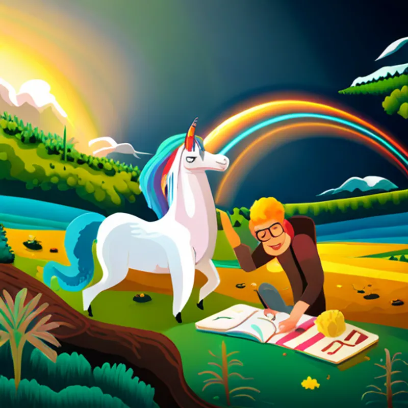 Pilot with leather jacket, goggles, adventurous spirit and Shining white unicorn with rainbow mane and tail discovering hidden treasure and having a picnic