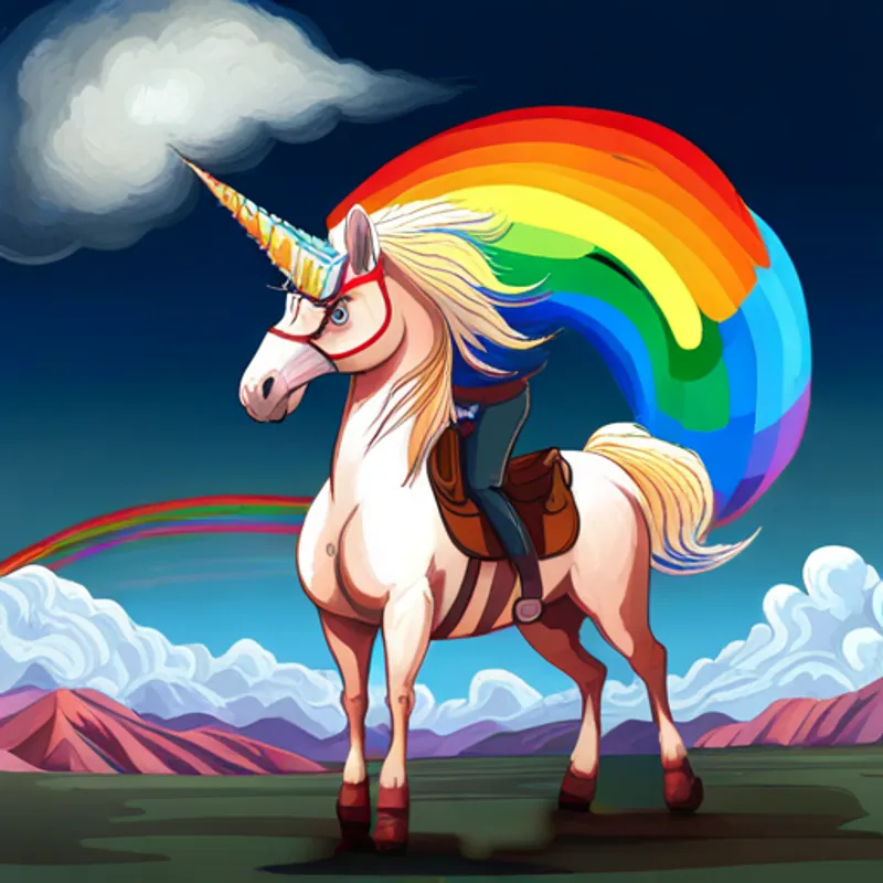 Pilot with leather jacket, goggles, adventurous spirit and Shining white unicorn with rainbow mane and tail saying goodbye, Jack flying away
