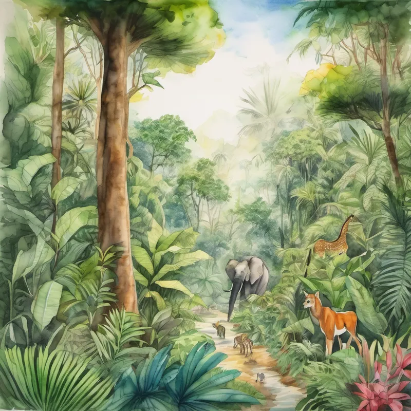A lush jungle with tall trees and wild animals