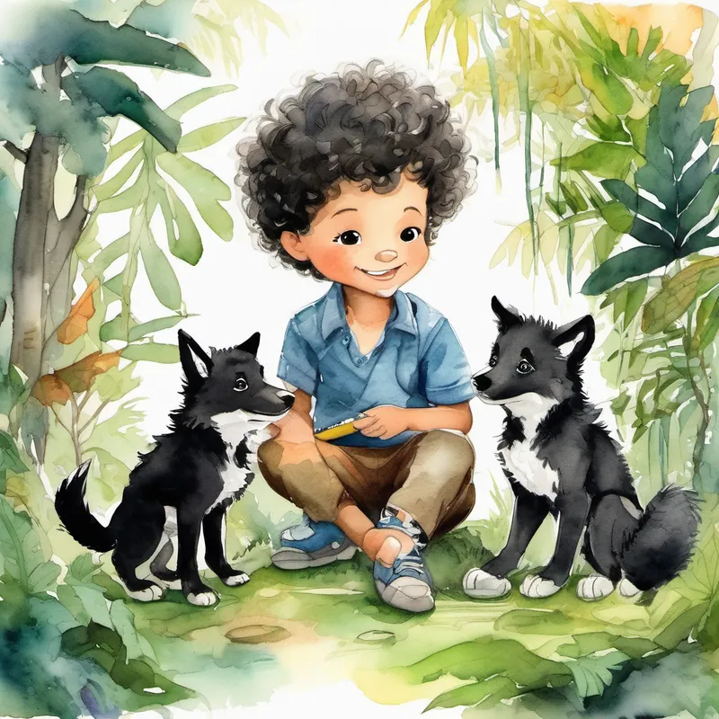 A little boy with curly black hair playing with wolf cubs, surrounded by jungle