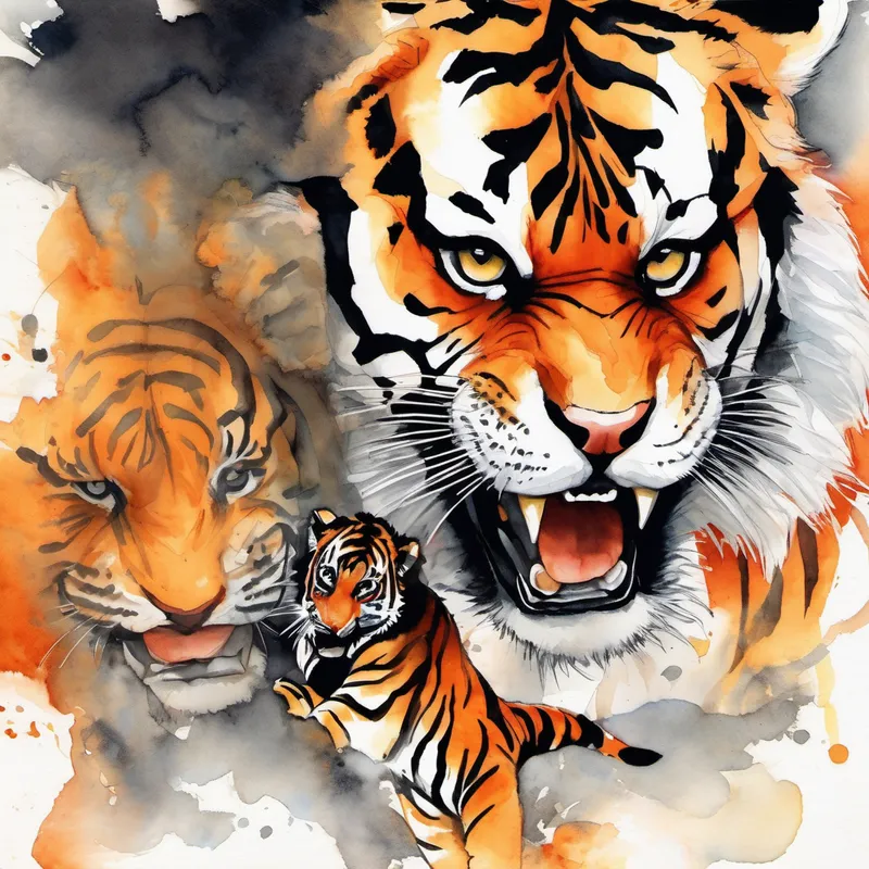 A fierce tiger with orange and black stripes with sharp teeth, glaring at A little boy with curly black hair
