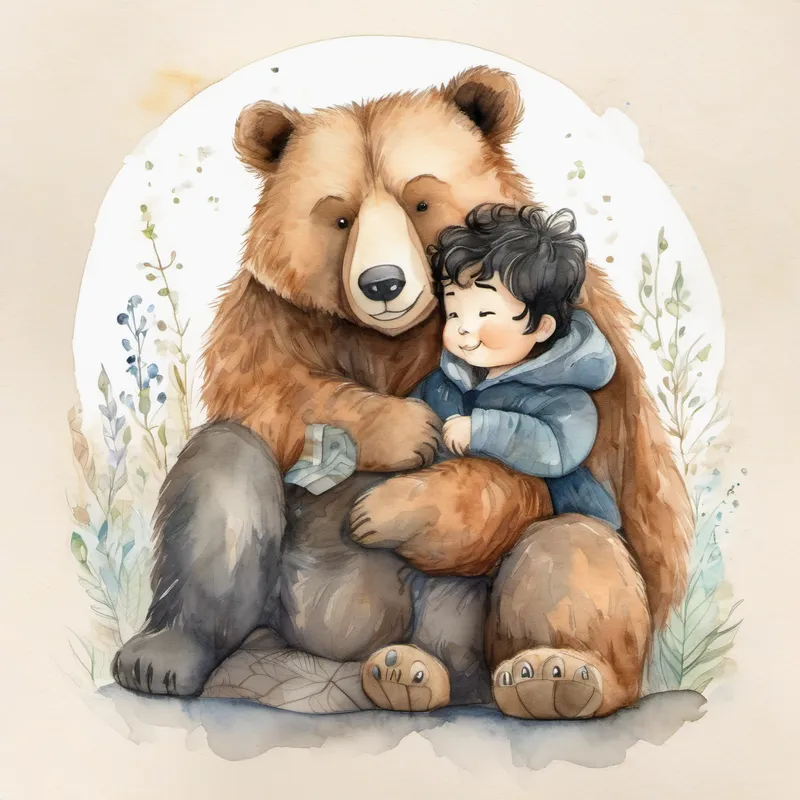 A wise bear with brown fur and big paws, a cuddly and friendly bear, hugging A little boy with curly black hair