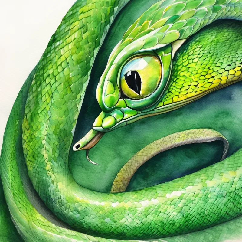 A long green snake with mesmerizing eyes, a long green snake with mesmerizing eyes