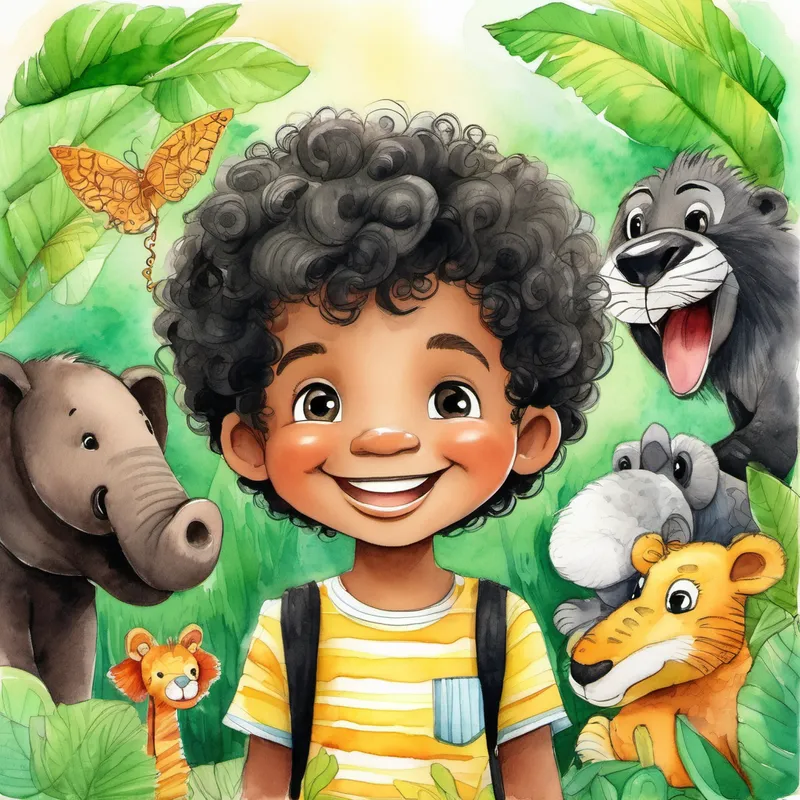A little boy with curly black hair smiling with his jungle friends around him