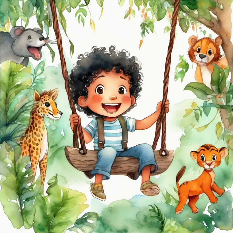 A little boy with curly black hair swinging on vines with jungle animals cheering