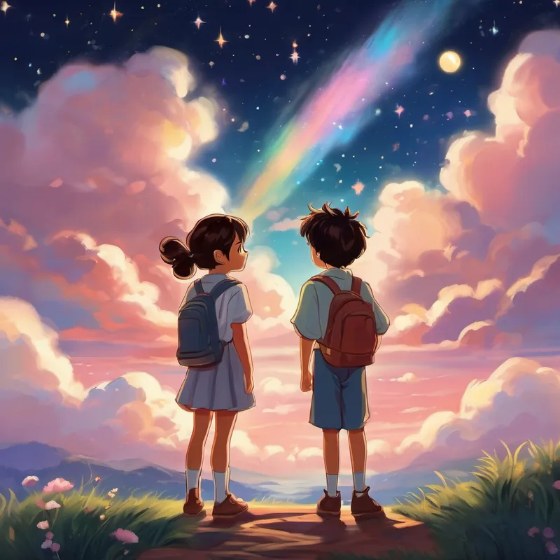 Once upon a time in a land far, far away, there lived two best friends named Lau and Kerry. They were eight years old and filled with boundless imagination. One beautiful night, as they stared up at the starry sky, they longed for a magical adventure. As they closed their eyes, their dreams took them to a place beyond their wildest imagination. Soft, fluffy heart-shaped clouds gently drifted in the sky, like delicate puffs of cotton candy. The clouds were tinted with dreamy pastel colors that made everything look enchantingly surreal. Lau and Kerry stared in awe, their eyes wide with wonder.