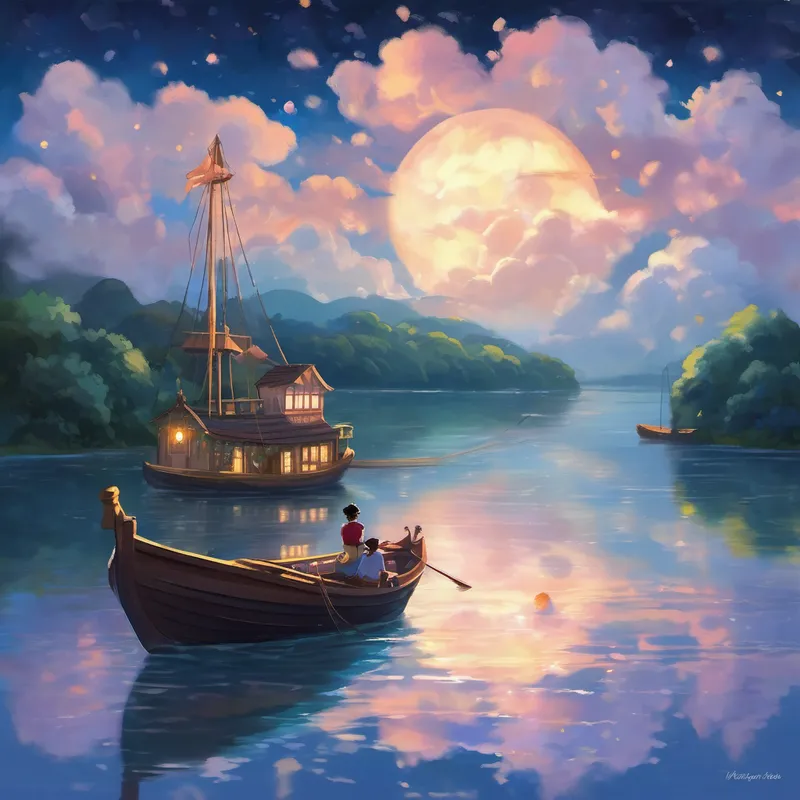 The boat gently rocked, swaying to the rhythm of the night, as they floated higher and higher among the soft clouds. Lau and Kerry felt like they were sailing in the midst of a breathtaking dreamland. They giggled and shared whispered secrets, their laughter echoing through the magical realm. In this dreamlike world, time seemed to stand still. They watched as the moonbeams cast a soft glow, reflecting the pastel colors of the fluffy clouds. It felt as if they were waltzing through the sky, surrounded by the most delicate melodies in the air.