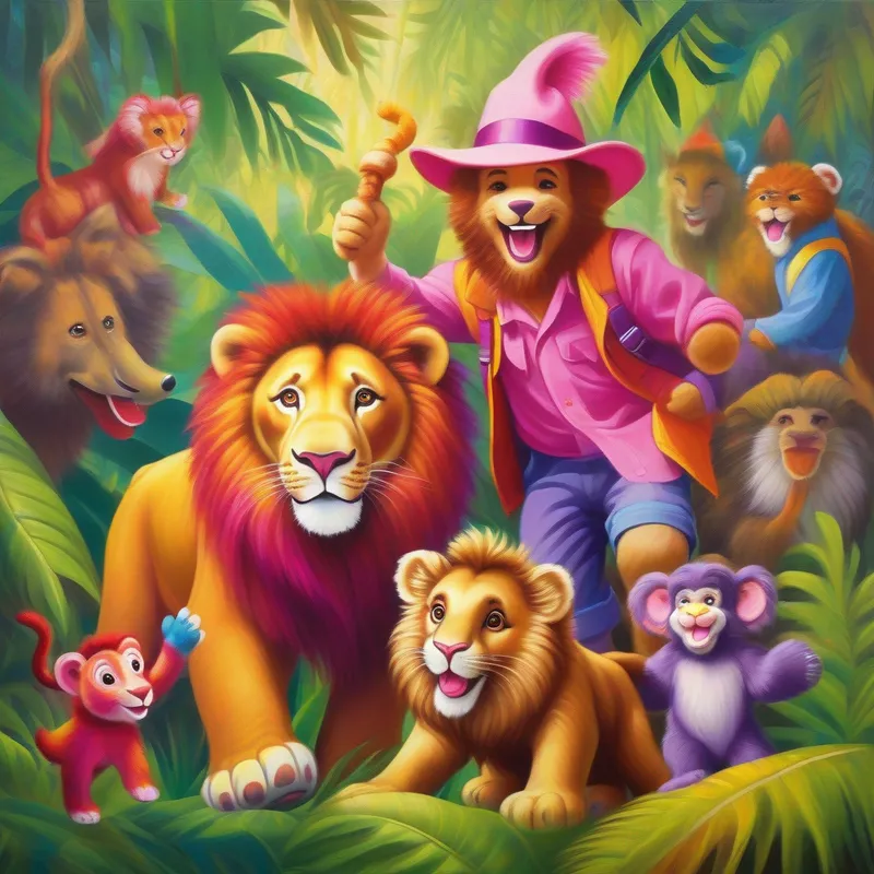 Jungle adventure with Happy elephant with a pink hat and purple overalls, Friendly lion with golden fur and a red mane, and Playful monkey with a brown coat and a big smile, colorful.
