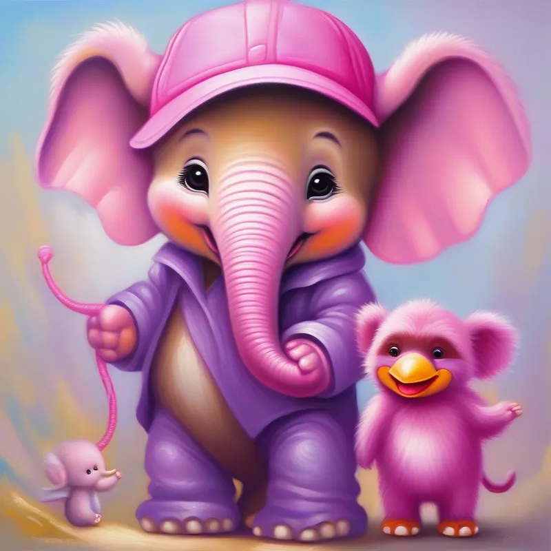 Lost baby bird needs help, worried Happy elephant with a pink hat and purple overalls and Playful monkey with a brown coat and a big smile.