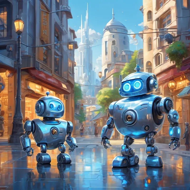The city of Techtopia, Silver robot with round blue eyes and a shiny robo-heart the robot, and Silver robot with bright blue eyes and a friendly smile