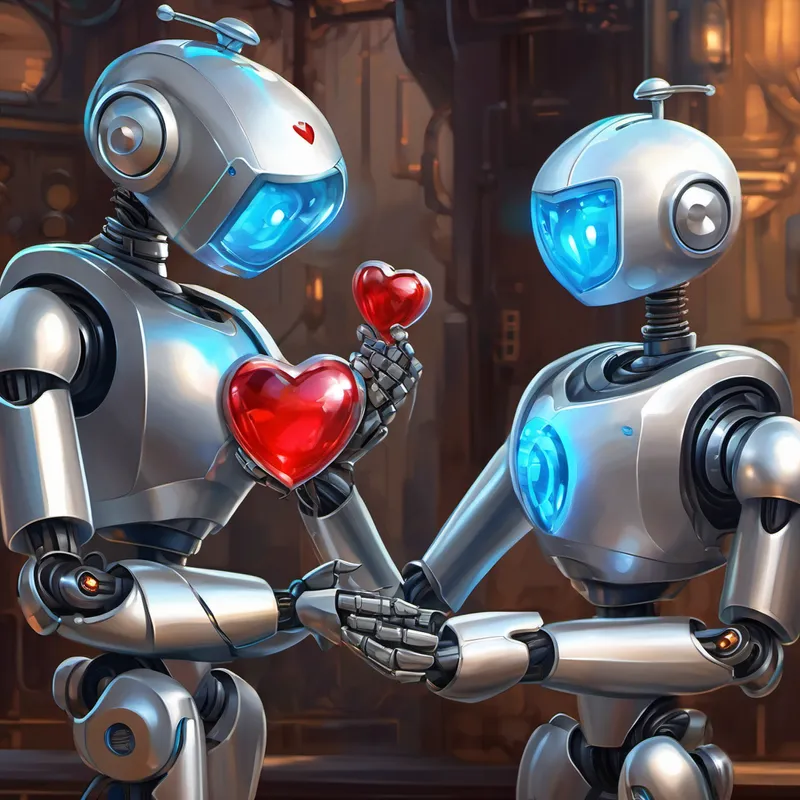 Silver robot with bright blue eyes and a friendly smile explaining the robo-heart to Silver robot with round blue eyes and a shiny robo-heart