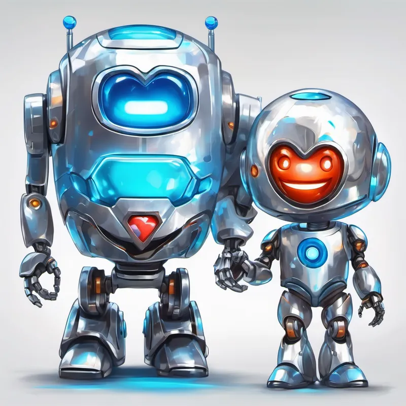 Silver robot with round blue eyes and a shiny robo-heart and Silver robot with bright blue eyes and a friendly smile laughing together