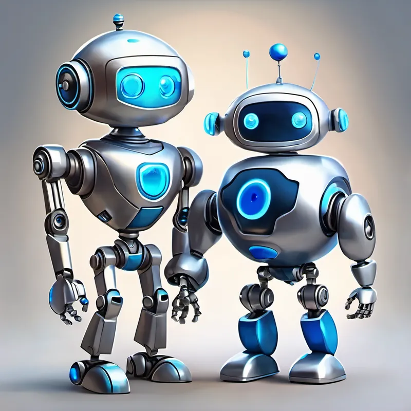 Silver robot with round blue eyes and a shiny robo-heart laughing and Silver robot with bright blue eyes and a friendly smile explaining emotions