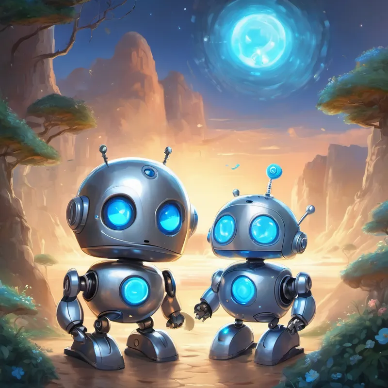 Silver robot with round blue eyes and a shiny robo-heart feeling sad and Silver robot with bright blue eyes and a friendly smile explaining emotions