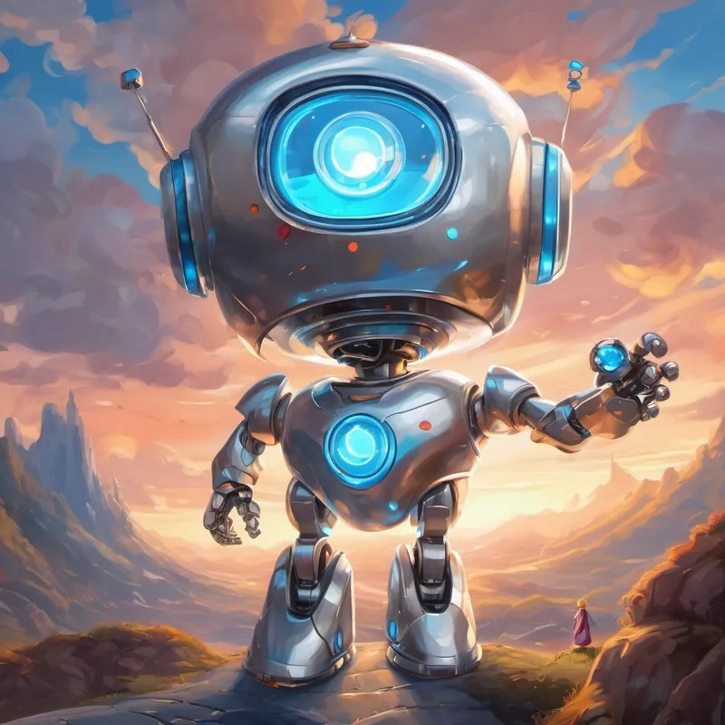 Silver robot with round blue eyes and a shiny robo-heart expressing emotions and living happily ever after