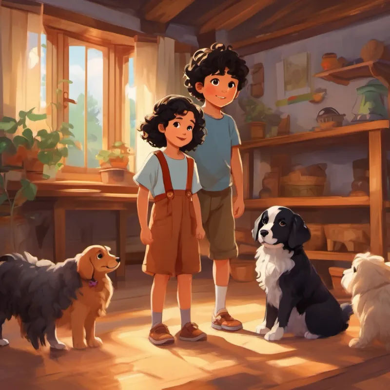 Introduction of Five-year-old boy with curly black hair and brown eyes, loves adventure, Three-year-old girl with curly black hair and brown eyes, follows brother and puppies in their home.
