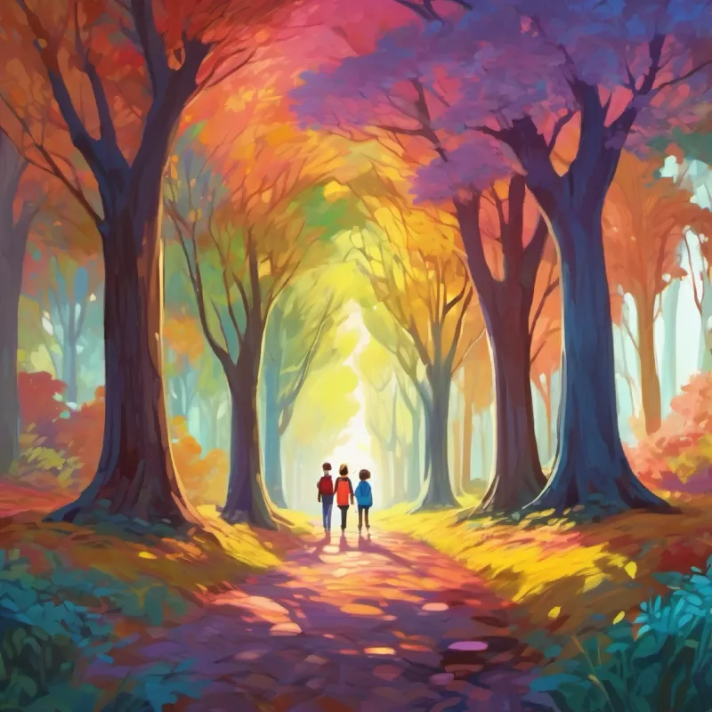 The siblings explore a colorful tree grove.