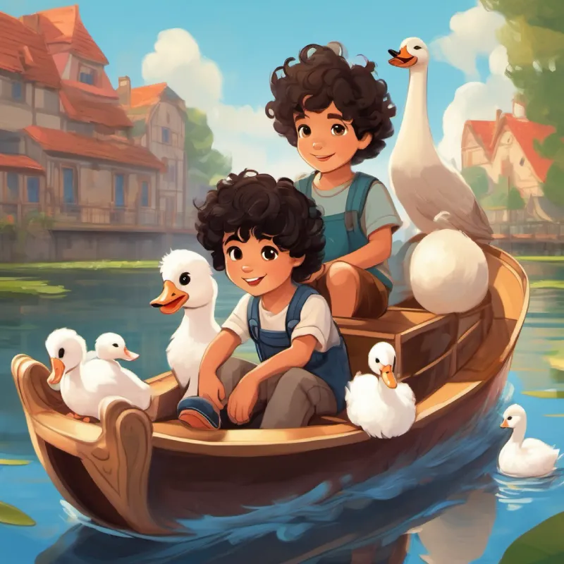 Five-year-old boy with curly black hair and brown eyes, loves adventure and Three-year-old girl with curly black hair and brown eyes, follows brother and puppies enjoy a swan boat ride.
