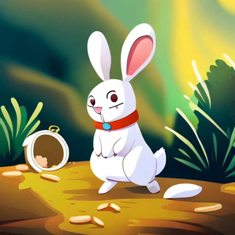 Small white rabbit with floppy ears and curious eyes digging and finding a treasure box