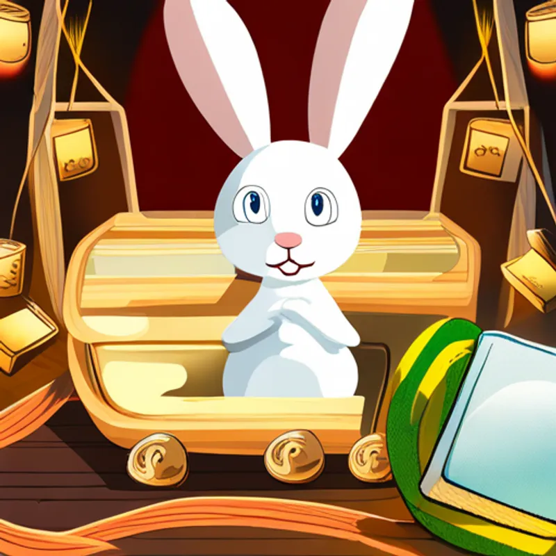 Small white rabbit with floppy ears and curious eyes opening the treasure box, map inside
