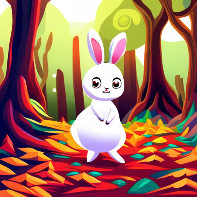Small white rabbit with floppy ears and curious eyes walking through a colorful forest