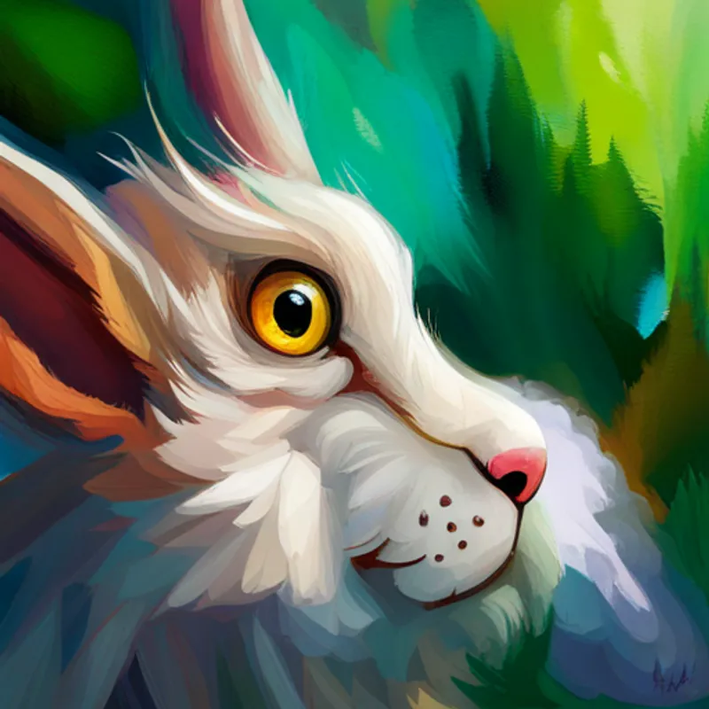 Small white rabbit with floppy ears and curious eyes with a wise owl, colorful feathers