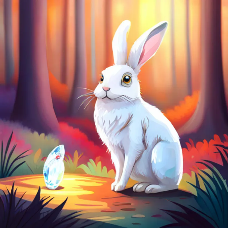 Small white rabbit with floppy ears and curious eyes and Wise owl with colorful feathers and sparkling eyes finding a glowing crystal