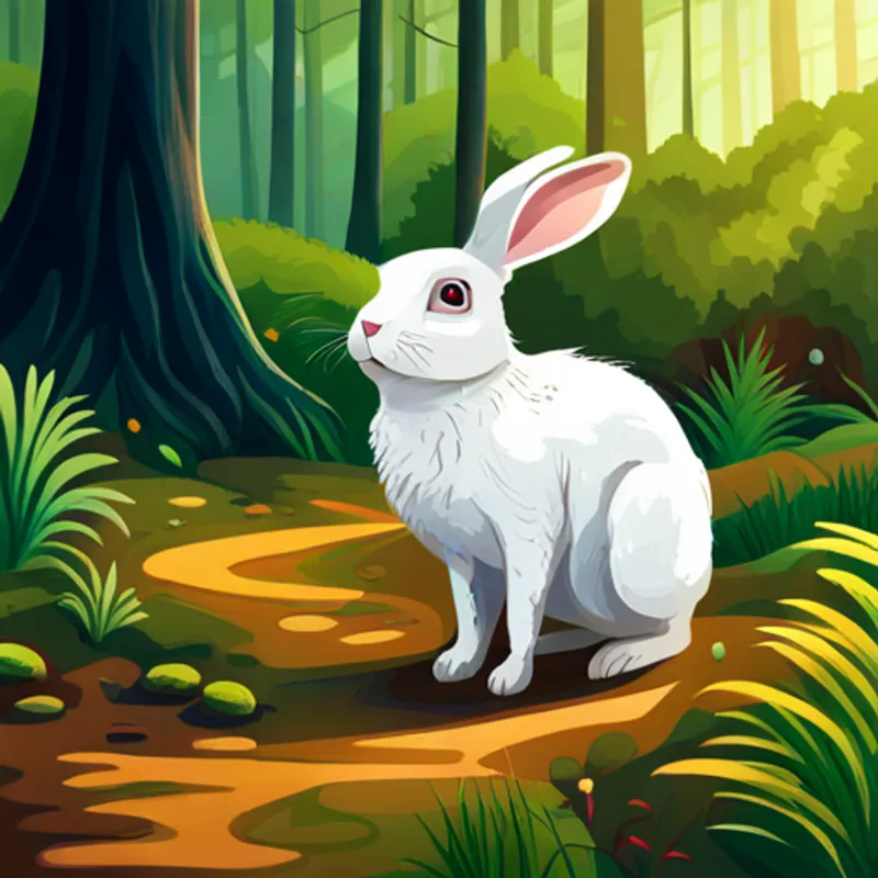Small white rabbit with floppy ears and curious eyes helping various animals in the forest