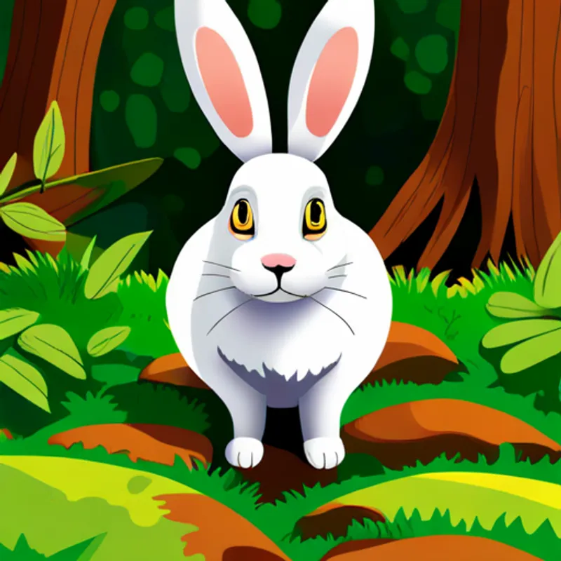 Small white rabbit with floppy ears and curious eyes with forest animals, all happy