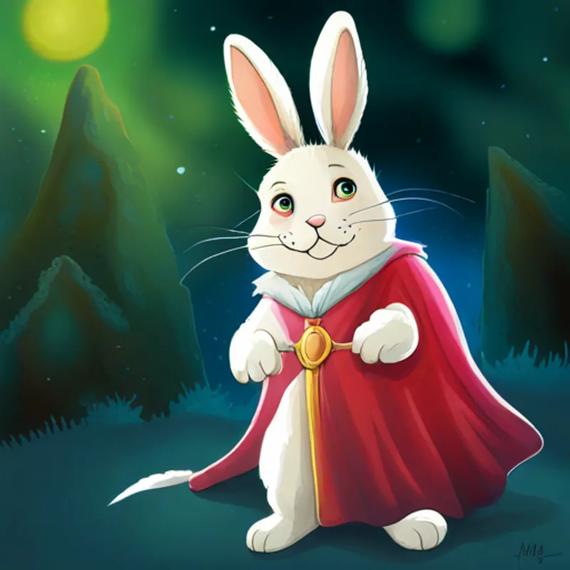 Small white rabbit with floppy ears and curious eyes wearing a hero cape, surrounded by magic
