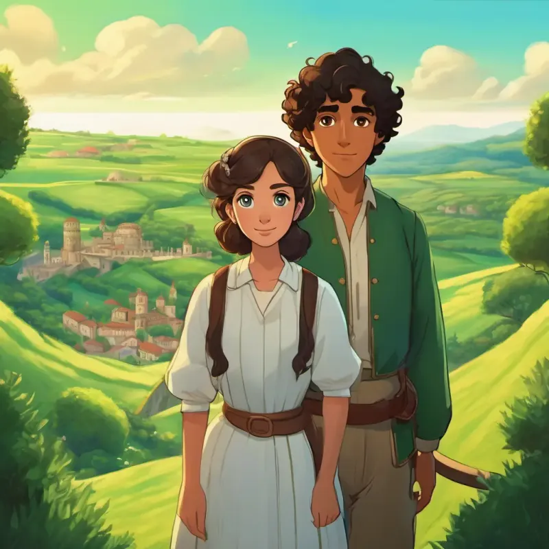 Sara has fair skin, blue eyes, and curly brown hair and Omar has olive skin, brown eyes, and straight black hair standing together in a green and peaceful land, with historical landmarks in the background.