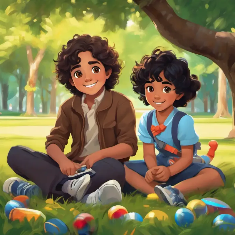 Sara has fair skin, blue eyes, and curly brown hair and Omar has olive skin, brown eyes, and straight black hair playing together in a park, with toys and laughter around them.