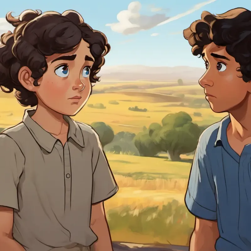 Sara has fair skin, blue eyes, and curly brown hair and Omar has olive skin, brown eyes, and straight black hair watching grown-ups arguing and fighting, with sad and confused expressions.
