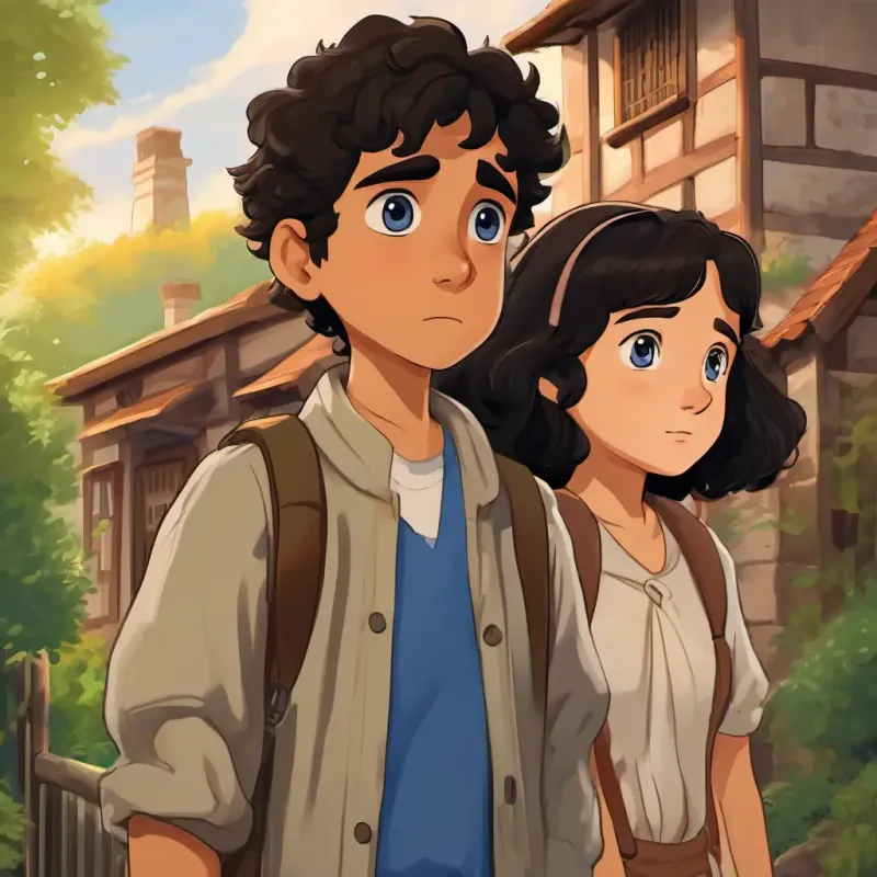 Sara has fair skin, blue eyes, and curly brown hair and Omar has olive skin, brown eyes, and straight black hair witnessing families leaving their homes with sad expressions.
