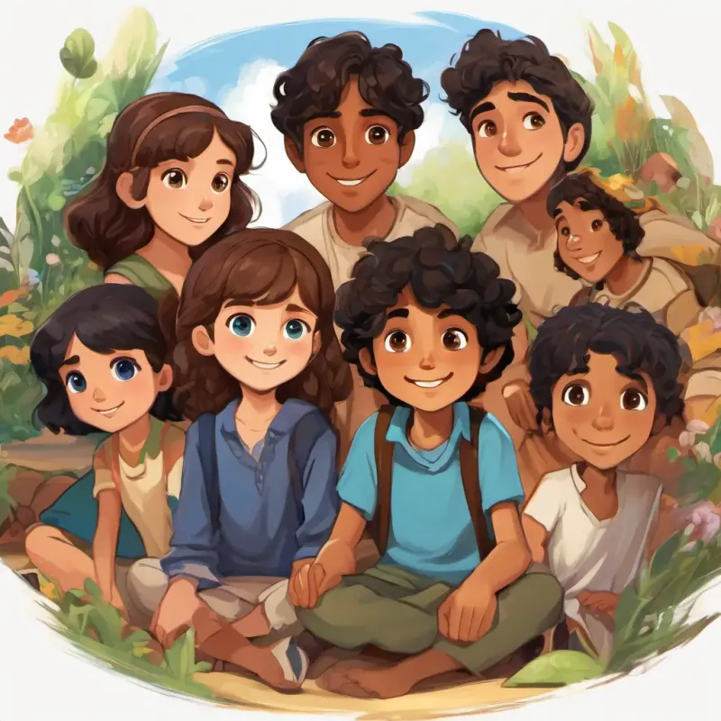 Sara has fair skin, blue eyes, and curly brown hair and Omar has olive skin, brown eyes, and straight black hair sitting in a circle with their friends, sharing and listening with smiles.
