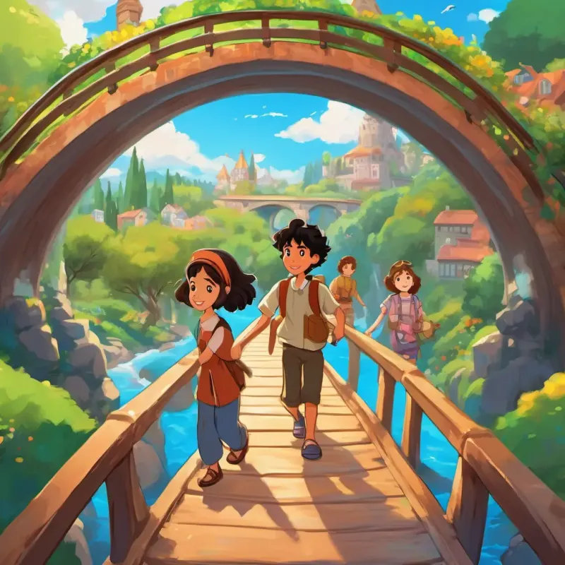 Sara has fair skin, blue eyes, and curly brown hair and Omar has olive skin, brown eyes, and straight black hair and their friends building a colorful bridge together, with people from different communities walking across it with joy.