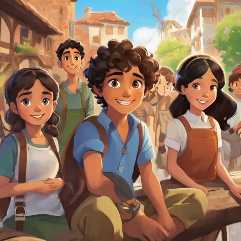 Sara has fair skin, blue eyes, and curly brown hair and Omar has olive skin, brown eyes, and straight black hair and their friends watching joyful people from all communities working together to rebuild, with smiles and a sense of hope.