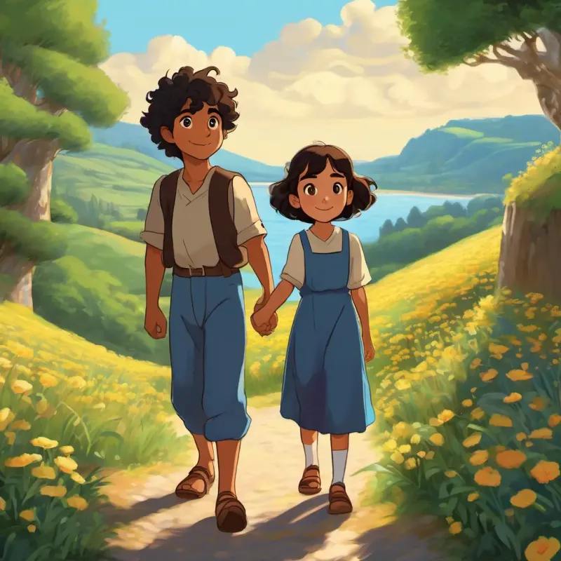 Sara has fair skin, blue eyes, and curly brown hair and Omar has olive skin, brown eyes, and straight black hair holding hands and looking at their peaceful and diverse land with joyful expressions.