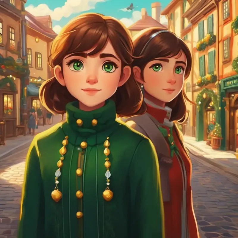 Introducing the protagonist Brown hair, sparkling green eyes, her friend Mysterious, with piercing golden eyes, and the peaceful town setting.