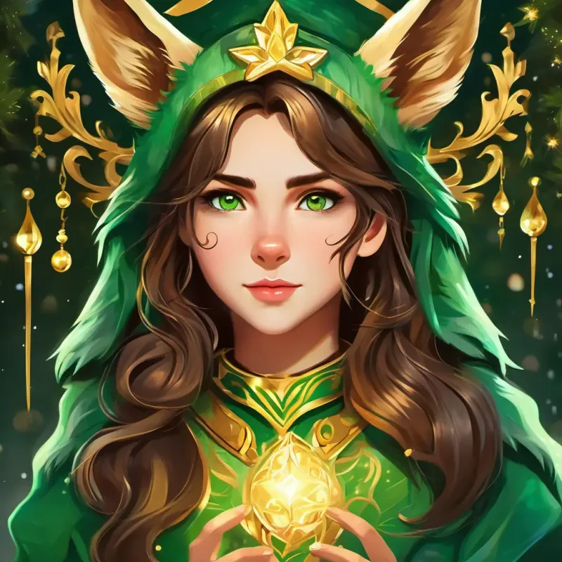 Brown hair, sparkling green eyes and Mysterious, with piercing golden eyes's discovery of the hidden cave and Mysterious, with piercing golden eyes's transformation into a wolf. The revelation of the Shapeshifter's true identity.